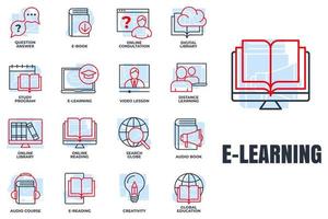conjunto de e-learning, ilustração em vetor logotipo ícone educação online. educação global, programa de estudo, globo de pesquisa, ensino à distância e mais modelo de símbolo de pacote para coleção de design gráfico e web