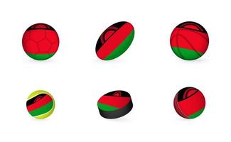 equipamentos esportivos com bandeira do malawi. conjunto de ícones de esportes. vetor