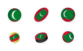 equipamentos esportivos com bandeira das maldivas. conjunto de ícones de esportes. vetor
