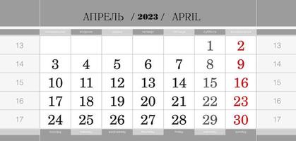 bloco trimestral de calendário para o ano de 2023, abril de 2023. calendário de parede, idioma inglês e russo. semana começa a partir de segunda-feira. vetor