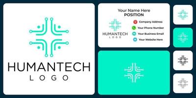 design de logotipo de tecnologia humana cruzada médica com modelo de cartão de visita. vetor