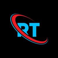 logotipo rt. projeto rt. carta rt azul e vermelha. design de logotipo de letra rt. letra inicial rt vinculado ao logotipo do monograma em maiúsculas do círculo. vetor
