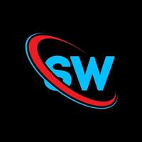 logotipo sw. projeto sw. letra sw azul e vermelha. design de logotipo de letra sw. letra inicial sw logotipo de monograma maiúsculo círculo vinculado. vetor