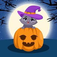 abóbora e gato feiticeiro fofo na noite de halloween vetor