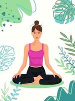 cartaz de mulher de ioga com plantas tropicais. A pose de lótus é uma prática de meditação. ilustração vetorial para centro de bem-estar ou estúdio de ioga. vetor