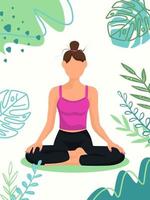 mulher de ioga em estilo sem rosto com plantas tropicais. A pose de lótus é uma prática de meditação. ilustração vetorial para centro de bem-estar ou estúdio de ioga vetor