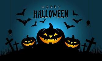 abóboras de halloween na noite escura com morcegos voadores, aranhas, cruz e abóbora. ilustração vetorial. vetor