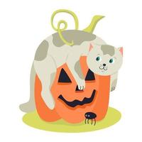 gatinho engraçado e abóbora jack-o-lanterna. mão desenhada ilustração vetorial. ótimo para criar cartazes de halloween, cartões de felicitações vetor