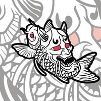 máscara oni e ilustração de peixe koi com vetor de estoque de qualidade premium