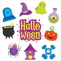 conjunto de ícones planas de halloween. chapéu de halloween, abóbora, crânio, globo ocular, pote, aranha, castelo, fantasma, ilustrações vetoriais de lápide. vetor