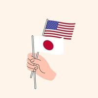 mão dos desenhos animados segurando bandeiras japonesas e estados unidos. nós relações no Japão. conceito de diplomacia, política e negociações democráticas. vetor isolado de design plano