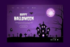 design de site feliz dia das bruxas. modelo de página de destino de halloween plano com silhuetas de abóboras, morcegos e casa assombrada vetor