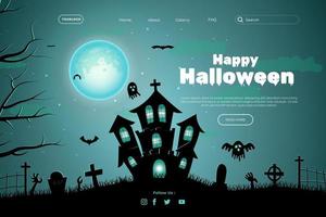 design de site feliz dia das bruxas. modelo de página de destino de halloween plano com silhuetas de abóboras, morcegos e casa assombrada vetor