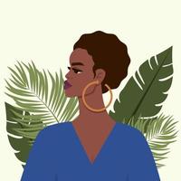 linda mulher negra isolada no fundo branco. rosto de menina africana de beleza jovem com folhas de palmeira tropical. bela pessoa feminina. personagem de ilustração vetorial na moda em estilo simples de desenho animado vetor