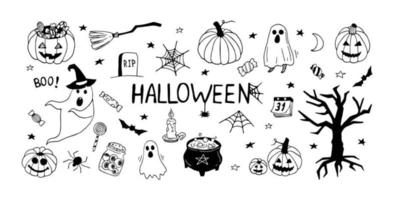 conjunto de halloween doodle desenhado à mão. vetor espíritos fofos e engraçados, fantasmas, abóboras e doces. contorno.