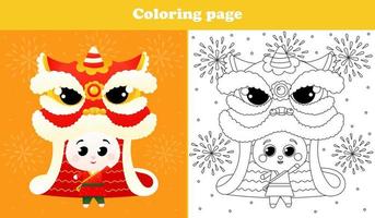 página para colorir imprimível para crianças com coelho fofo em traje tradicional chinês, dança do leão e festival de fogos de artifício, planilha de feliz ano novo em estilo cartoon vetor