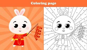 página para colorir imprimível para crianças com coelho fofo em traje tradicional chinês e segurando fogos de artifício e fogos de artifício, planilha de feliz ano novo em estilo cartoon vetor