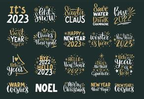 feliz natal e feliz ano novo letras. cartão de férias de inverno, conjunto de ilustração de citações e frases de natal. coleção de tipografia para banners, cartão postal, cartões, presentes vetor