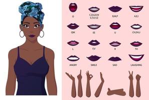 animação de boca de personagem de garota negra, sincronização labial, garota afro-americana de desenho animado usando ilustração de envoltório de cabeça vetor