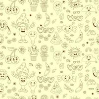 padrão sem emenda retrô com elementos groovy vector estilo doodle linear mão desenhada. personagens de desenhos animados com rostos funky flower power, vaso de flores de cacto, cereja, cogumelo, rosto de sorriso derretido e coração.