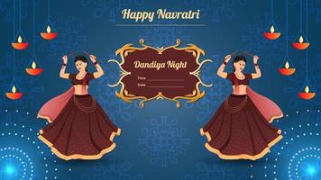 feliz navratri, personagem de mulheres tradicionalmente vestidas no vetor de banner noturno dandiya.