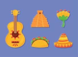 cinco ícones da cultura mexicana vetor