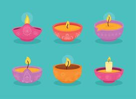 seis velas de cerimônia de diwali vetor