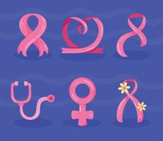 seis ícones de conscientização do câncer de mama vetor
