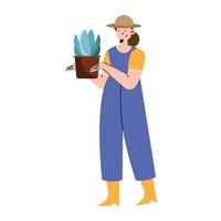 mulher agricultora com planta de casa vetor