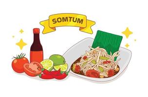 somtum comida tailandesa salada de mamão picante mão desenhada ilustração dos desenhos animados vetor