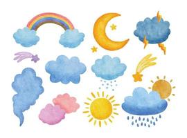 arco-íris de clima em aquarela, nuvens de chuva, sol, lua, estrela, relâmpago, ilustração de vento vetor