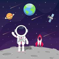 ilustração vetorial do astronauta pousou na lua com seu foguete e viu uma vista da terra e outros planetas cercados por estrelas vetor