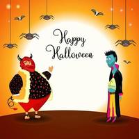 cartaz horizontal de halloween com vampiros, abóboras e diabo. design brilhante de halloween. vetor