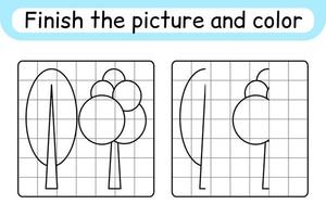 complete a árvore de imagens. copie a imagem e a cor. terminar a imagem. livro de colorir. jogo de exercício de desenho educacional para crianças vetor