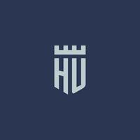 hu logotipo monograma com castelo fortaleza e design de estilo escudo vetor