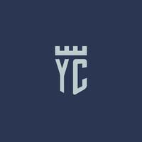 monograma de logotipo yc com castelo fortaleza e design de estilo escudo vetor