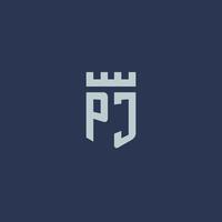 monograma do logotipo pj com castelo fortaleza e design de estilo escudo vetor