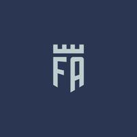 monograma do logotipo fa com castelo fortaleza e design de estilo escudo vetor