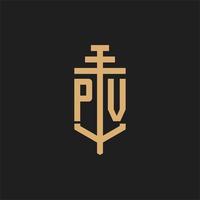 monograma de logotipo inicial pv com vetor de design de ícone de pilar