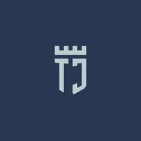monograma de logotipo tj com castelo fortaleza e design de estilo escudo vetor