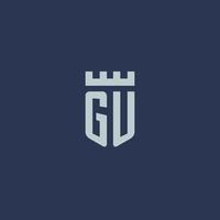 gu logotipo monograma com castelo fortaleza e design de estilo escudo vetor