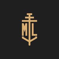 ml monograma de logotipo inicial com vetor de design de ícone de pilar