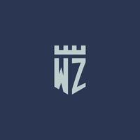 monograma de logotipo wz com castelo fortaleza e design de estilo escudo vetor