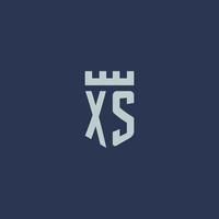 xs logotipo monograma com castelo fortaleza e design de estilo escudo vetor