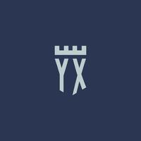 monograma do logotipo yx com castelo fortaleza e design de estilo escudo vetor