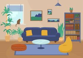vetor interior da sala de estar. projeto de quarto em casa. sofá com almofadas, estante, mesa de centro de vidro, pufe, plantas, quadros.
