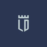 monograma de logotipo ld com castelo fortaleza e design de estilo escudo vetor