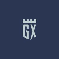 gx logotipo monograma com castelo fortaleza e design de estilo escudo vetor