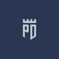 monograma de logotipo pd com castelo fortaleza e design de estilo escudo vetor