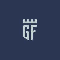 gf logotipo monograma com castelo fortaleza e design de estilo escudo vetor